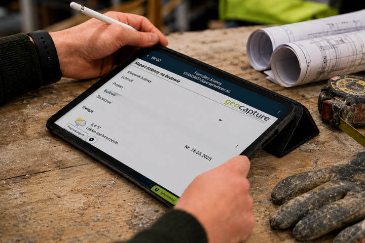 Ein Mitarbeiter bedient mit einem Eingabestift ein Tablet auf einer Werkbank. Auf dem Bildschirm ist eine geoCapture-Projektansicht geöffnet; daneben liegen Baupläne, ein Maßband und Arbeitshandschuhe.