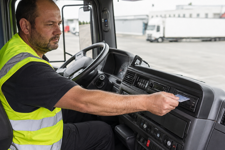 Ein Lkw-Fahrer mit Warnweste sitzt in der Fahrerkabine und steckt eine Karte in den digitalen Fahrtenschreiber oder das Kontrollgerät.