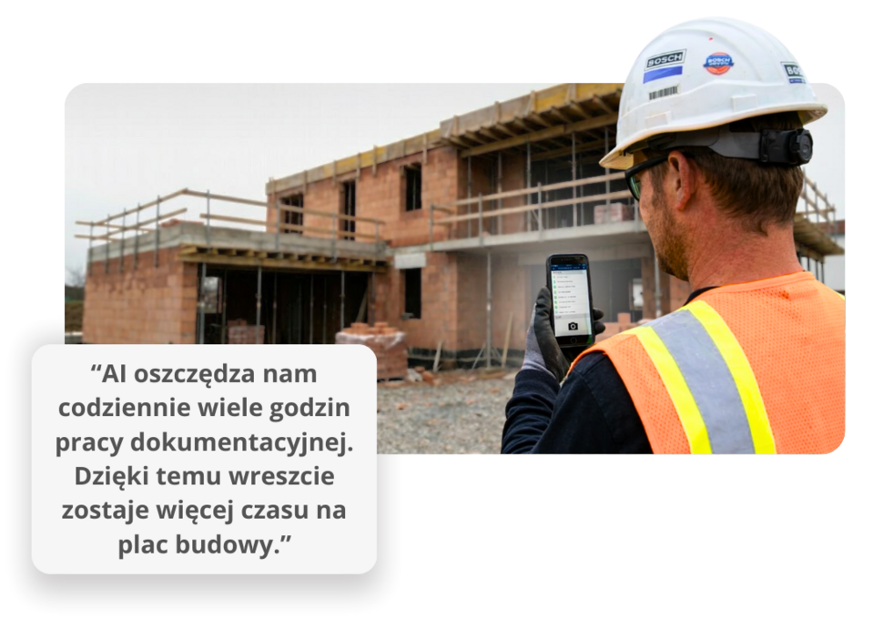 Bauleiter auf Baustelle nutzt mobile App zur digitalen Baudokumentation mit KI-Unterstützung