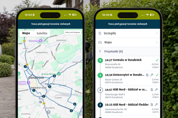 Dwa smartfony przedstawiają trasę pielęgnacji terenów zielonych w Osnabrück. Po lewej widoczna jest mapa z przebiegiem trasy i ponumerowanymi punktami, a po prawej lista ośmiu przystanków z godzinami, adresami i odległościami.