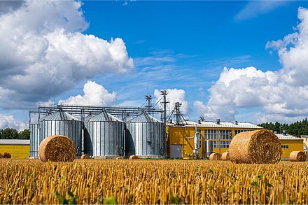 Strohballen auf einem Feld vor Silos und einem landwirtschaftlichen Gebäude