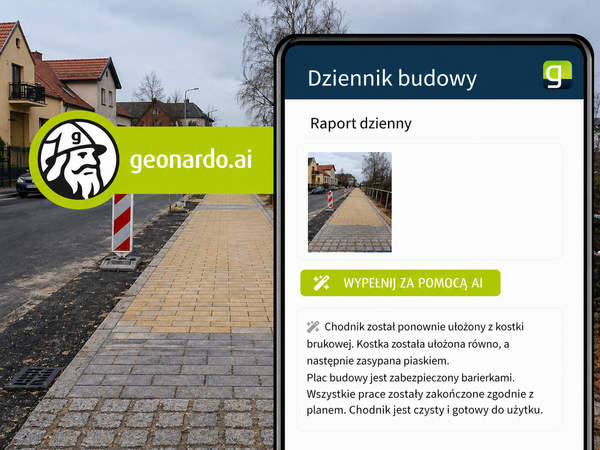 Smartphone zeigt eine Bau-Tagebuch-App („Dziennik budowy“) mit Tagesbericht und Foto einer Baustelle; daneben das Logo ‚geonardo.ai‘ und ein Hinweis auf KI-gestütztes Ausfüllen.