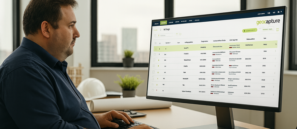 Mann arbeitet am Computer mit geoCapture-Software auf dem Bildschirm