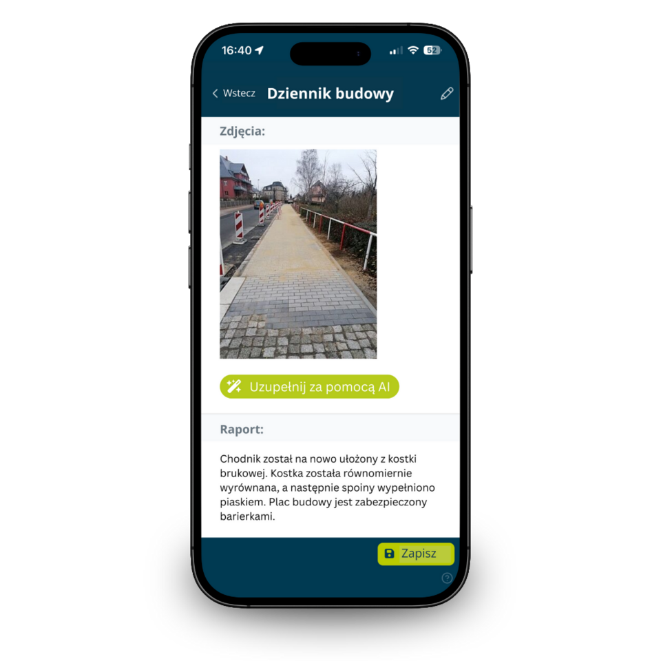 Mobile App für digitalen Bautagebuch-Eintrag mit Baustellenfoto und KI-gestützter Berichtserstellung