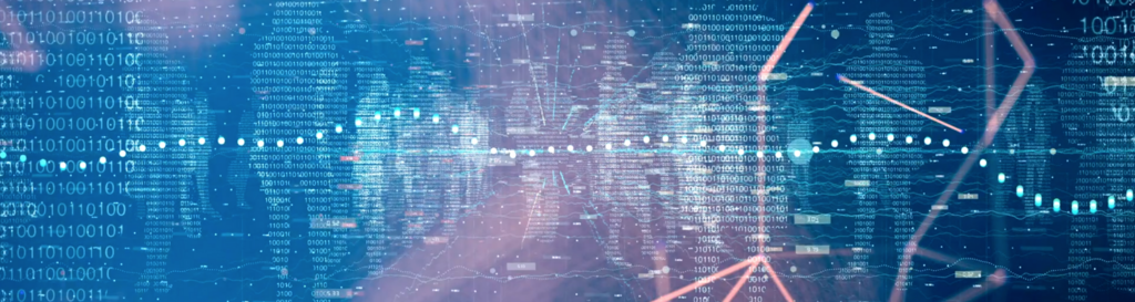 Wizualizacja cyfrowej mapy świata z kodami binarnymi, punktami danych i liniami symbolizującymi globalną sieć i przepływ danych.