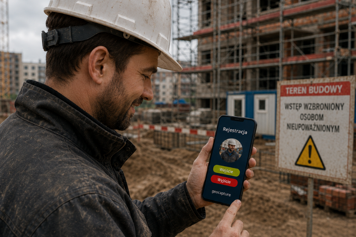 Pracownik budowy w kasku korzysta ze smartfona z aplikacją geoCapture do rejestracji wejścia i wyjścia. W tle znajduje się plac budowy oraz tablica ostrzegawcza „Teren budowy – wstęp wzbroniony osobom nieupoważnionym”.