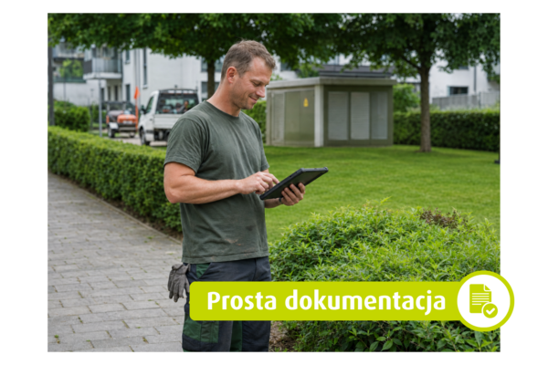 Mężczyzna korzysta z tabletu obok żywopłotu na terenie zielonym. Tekst na obrazie: „Prosta dokumentacja“.