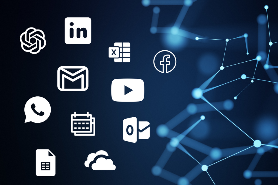 Reprezentacja różnych platform cyfrowych, takich jak LinkedIn, Gmail, Excel, Facebook, WhatsApp i YouTube na abstrakcyjnym tle sieci - symboliczny obraz umożliwiający płynną integrację zewnętrznych aplikacji za pośrednictwem interfejsów geoCapture-Zapier.