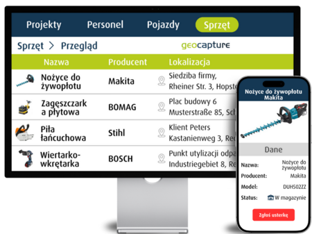 geoCapture Geräteverwaltung mit Standortübersicht und mobilen Gerätedetails auf Smartphone