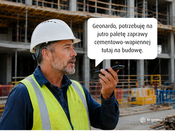 Pracownik budowlany w kasku i kamizelce odblaskowej mówi do smartfona na placu budowy. W dymku widnieje tekst: „Geonardo, potrzebuję na jutro paletę zaprawy cementowo-wapiennej tutaj na budowę.”