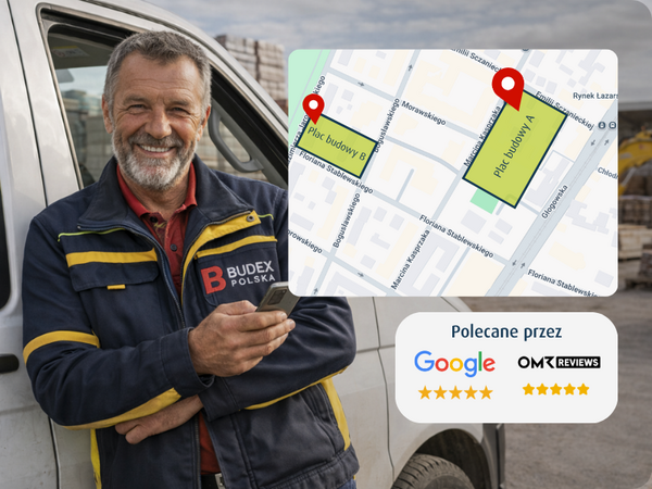 Pracownik budowlany ze smartfonem przy samochodzie dostawczym korzystający z lokalizacji GPS floty, z widokiem pojazdów i budów na mapie.