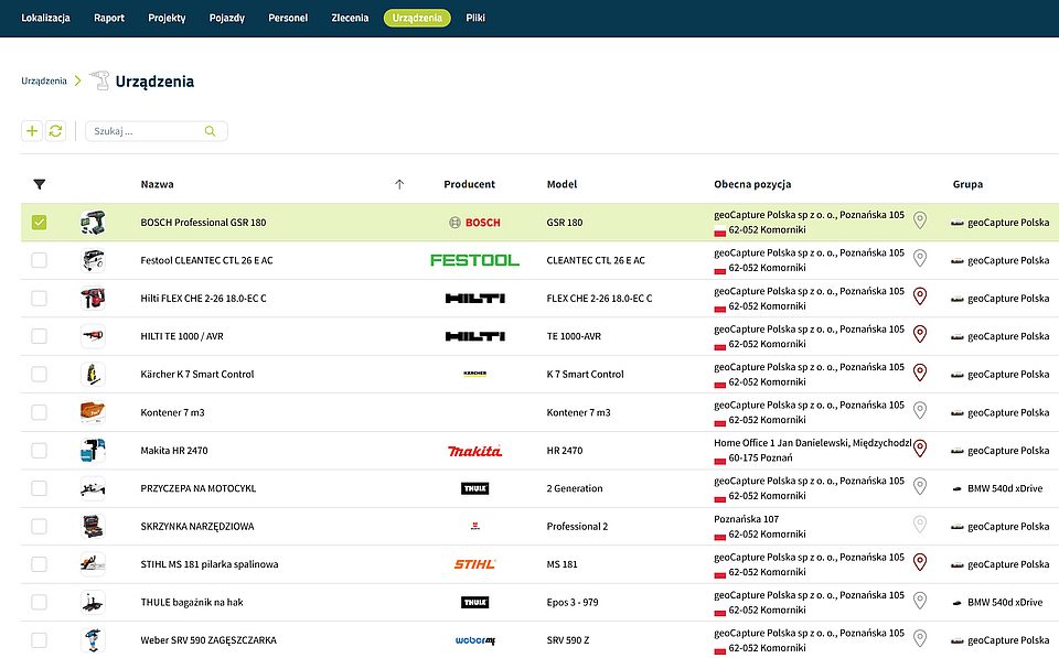 geoCapture Geräteverwaltung mit Übersicht von Werkzeugen, Herstellern, Modellen und Standorten