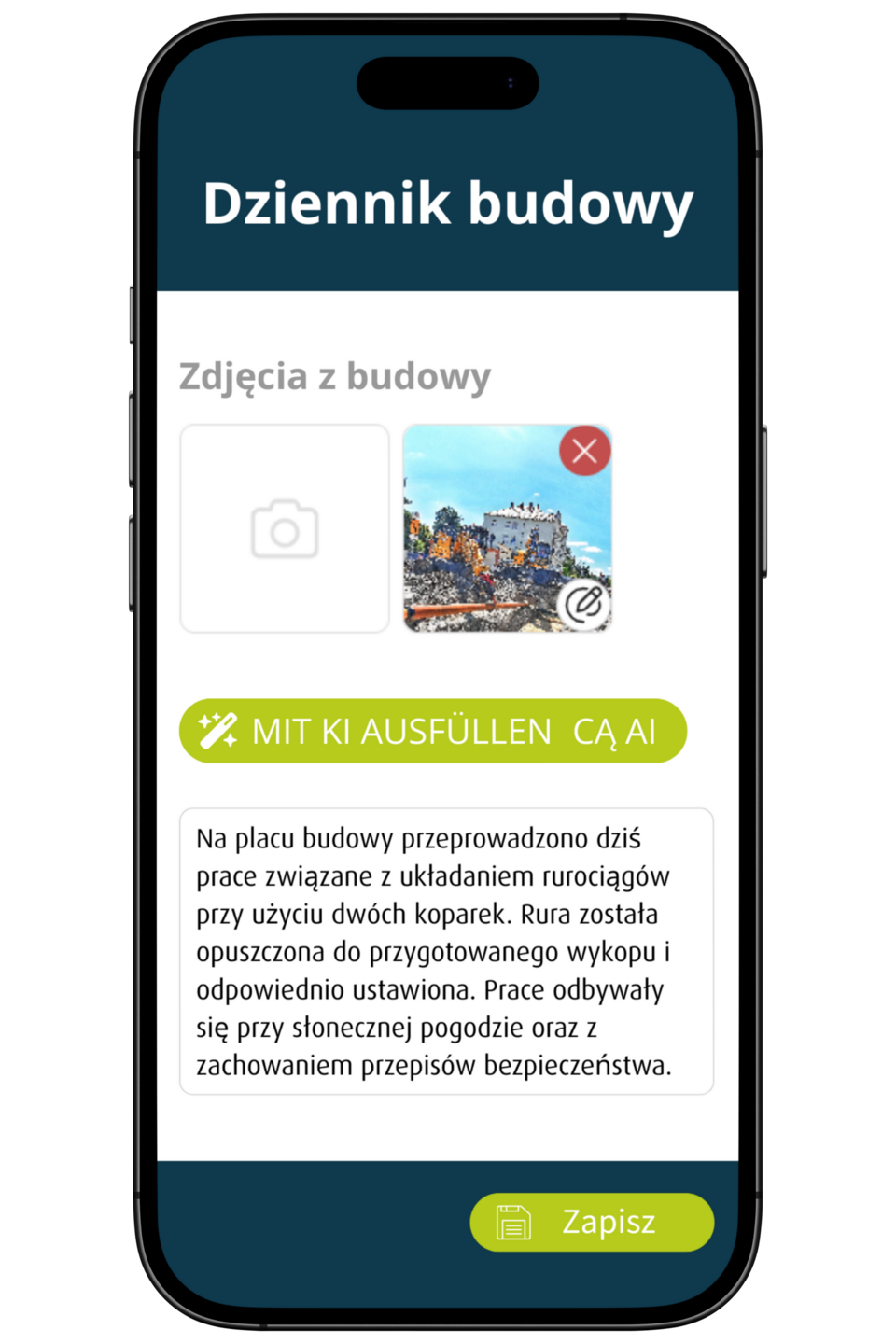 Mobile App-Ansicht eines digitalen Bautagebuchs mit Baustellenfoto, KI-gestützter Texterfassung und Speicherfunktion für Baudokumentation.